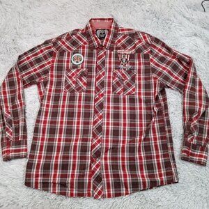 Eighty Eight Mens Shirt Red XL Button Up Plaid Soccer Patches‎ Manchester Casual